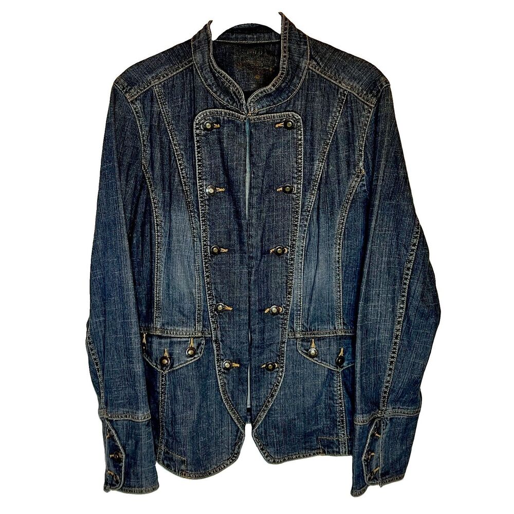 VINTAGE Double-Breasted Military-Style Denim Jacket 90s Y2K Sz XL US Polo Assn